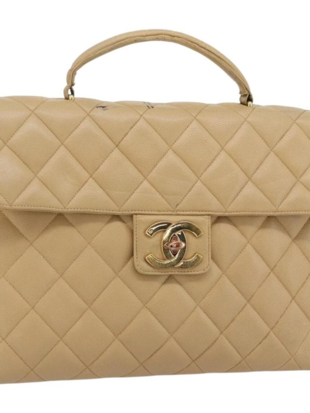 CHANEL Matelasse Business Bag Grained Calf Skin Beige Gold CC Auth bs35346
